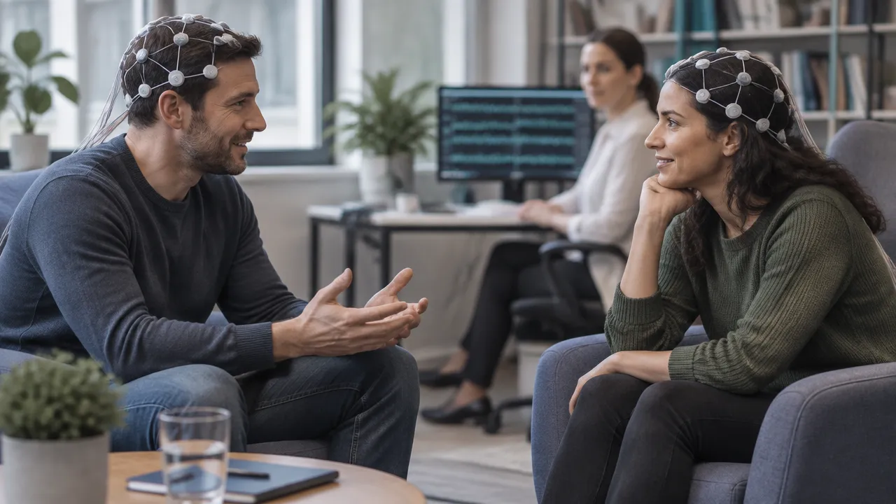 Dos participantes conversan con sensores EEG mientras una investigadora observa señales cerebrales, una escena de estudio de la sincronía interpersonal.