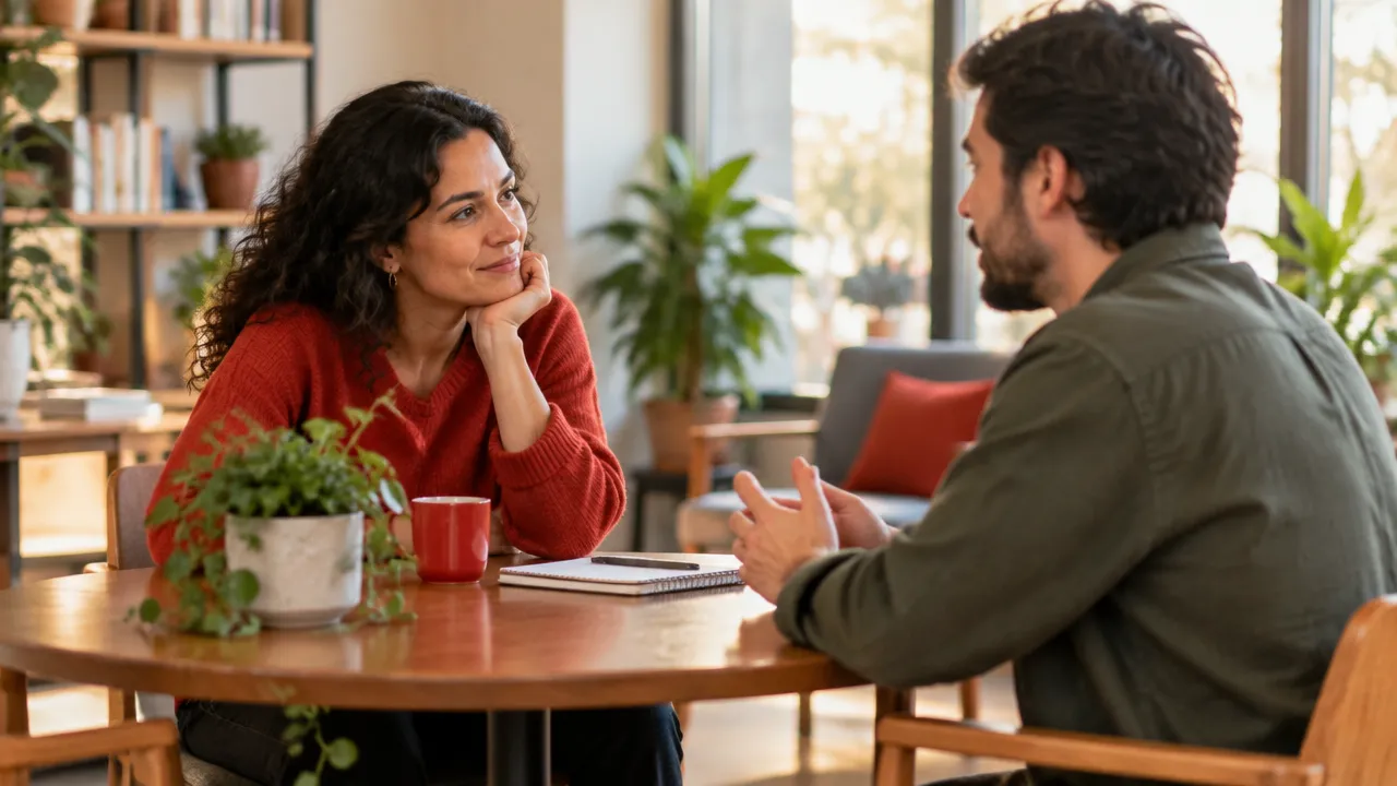 Dos personas adultas conversan con escucha atenta y apoyo mutuo en un espacio luminoso