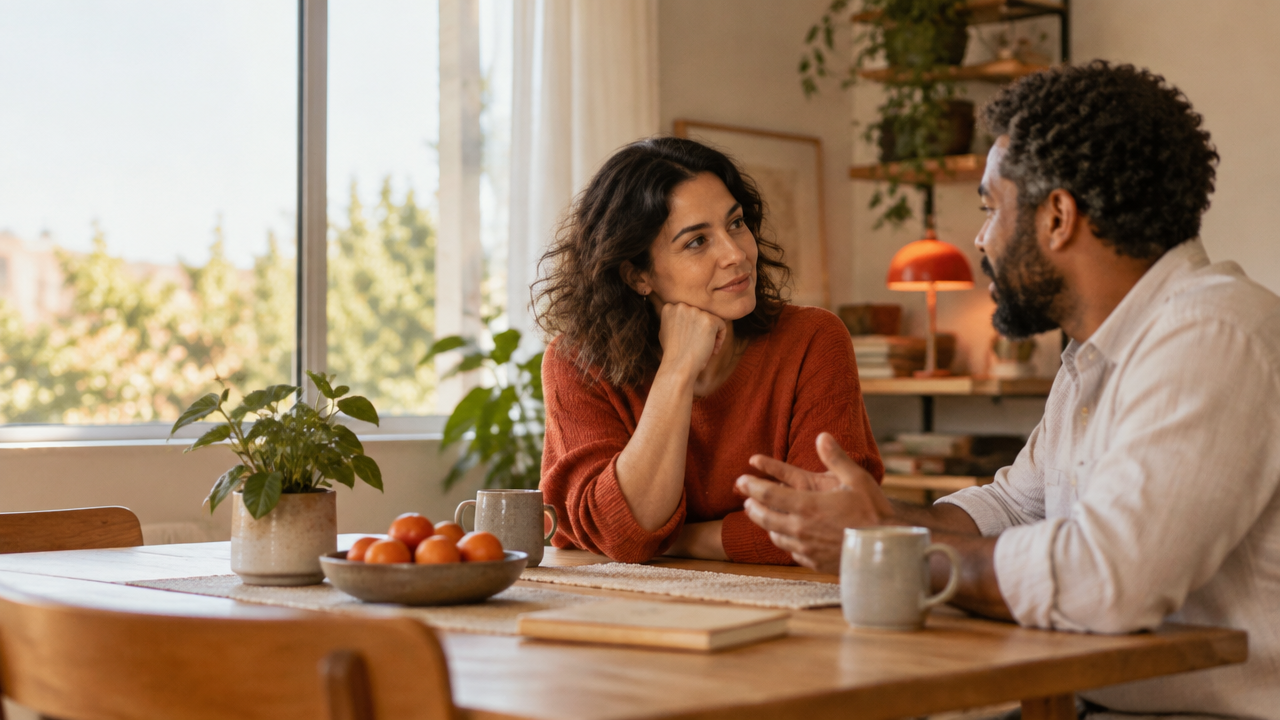 Dos personas conversan con atención en una mesa, simbolizando vínculos conscientes y relaciones con propósito.