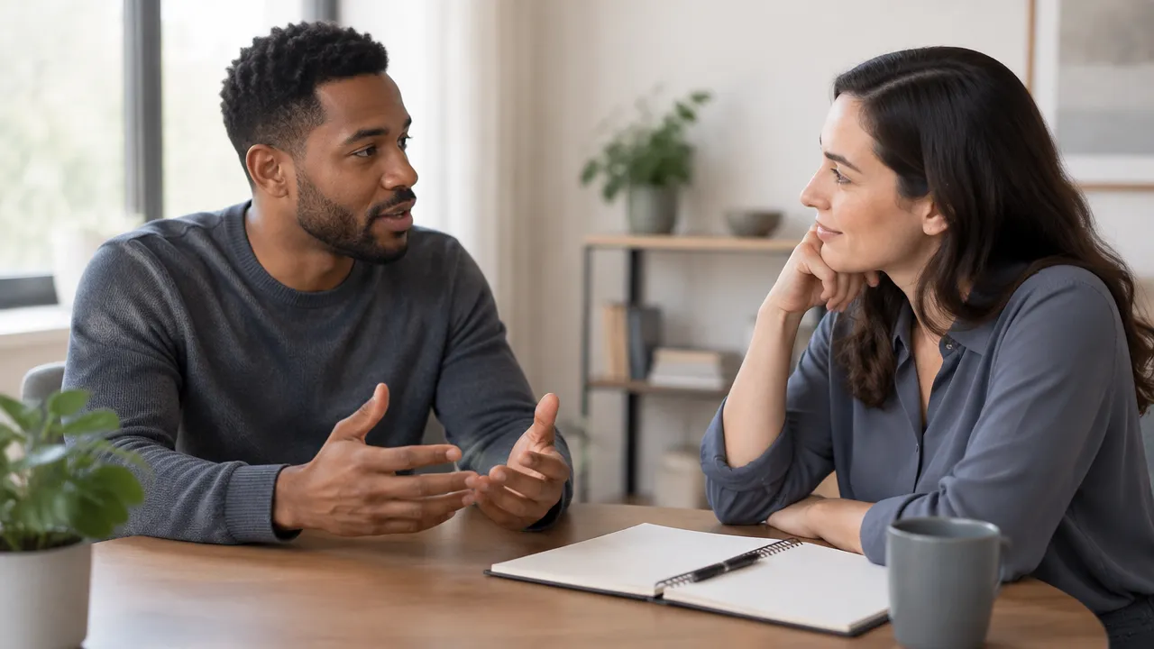 Dos personas conversan con atención mientras observan sus formas de comunicarse.