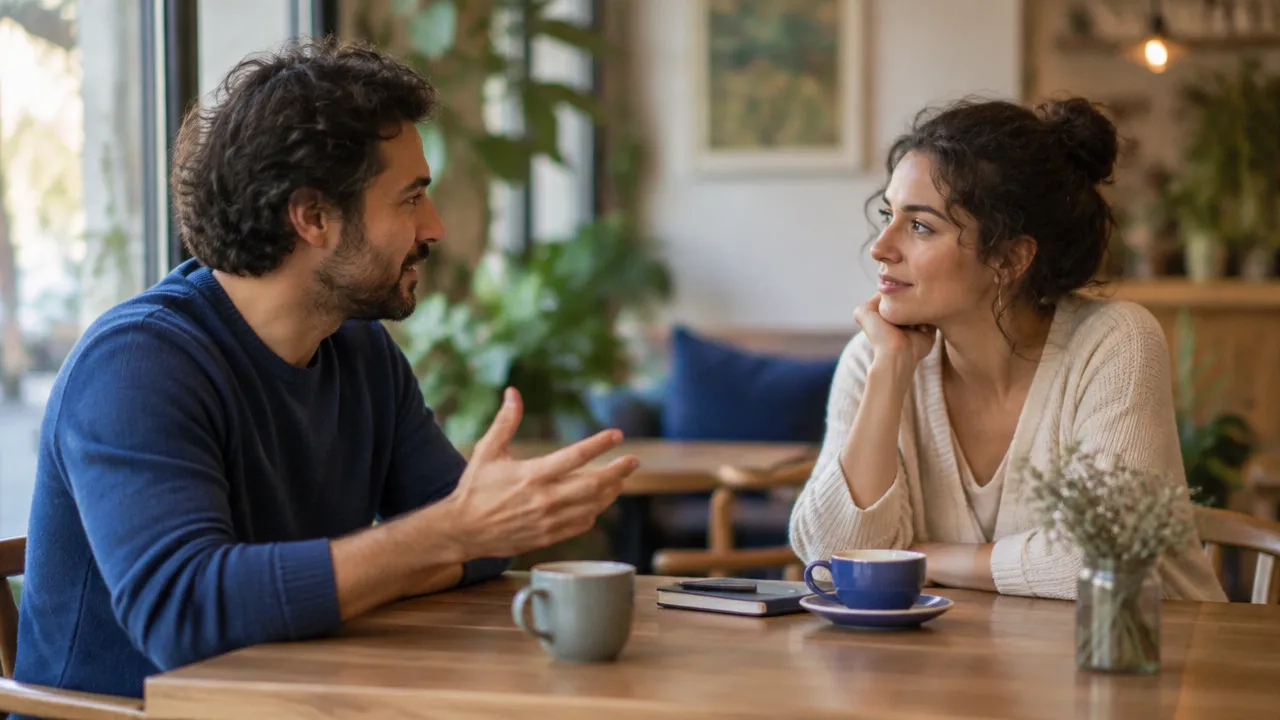 Dos personas conversan con atención y respeto en un ambiente tranquilo, una práctica cotidiana de comunicación consciente.