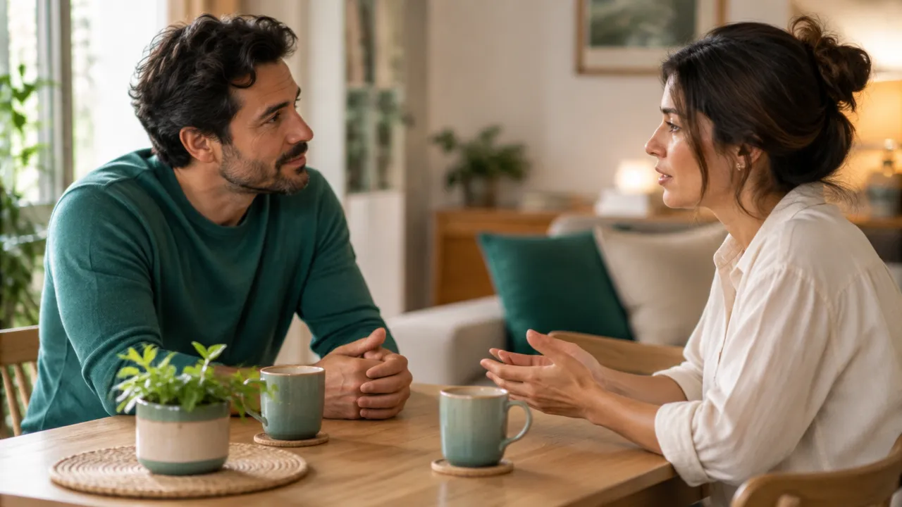 Dos personas conversan con calma en una mesa, escuchándose con respeto mientras mantienen un espacio cómodo.