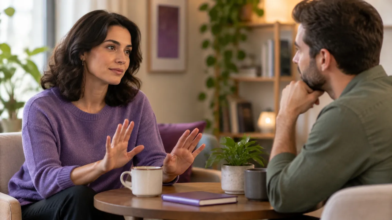 Dos personas conversan con calma mientras una expresa un límite de manera respetuosa