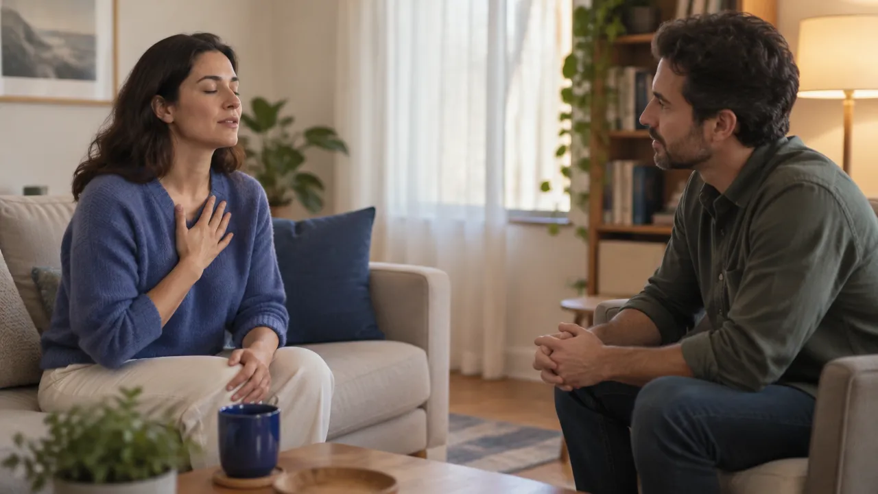 Dos personas conversan con calma y hacen una pausa antes de responder durante un desacuerdo