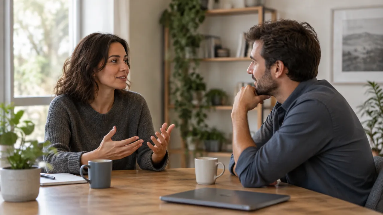 Dos personas conversan con calma y se escuchan con atención en un espacio luminoso.