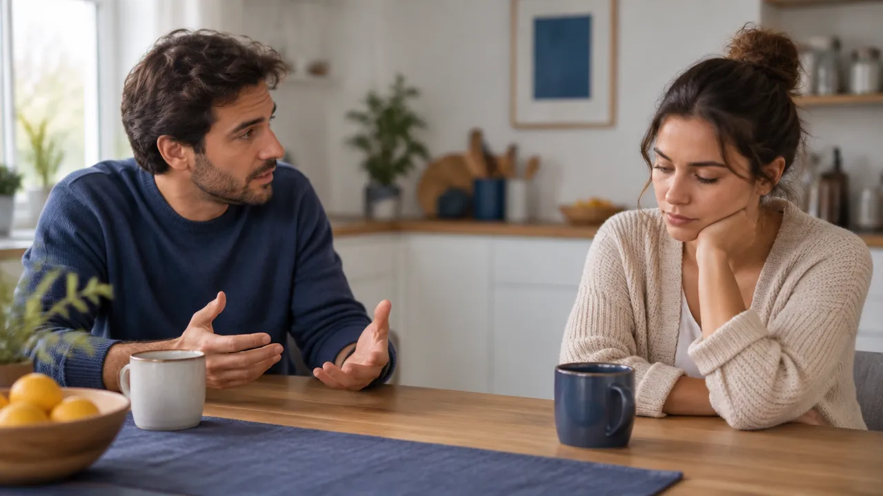 Dos personas conversan con posturas distintas en una cocina, ilustrando el ciclo de insistencia y retirada en un conflicto.