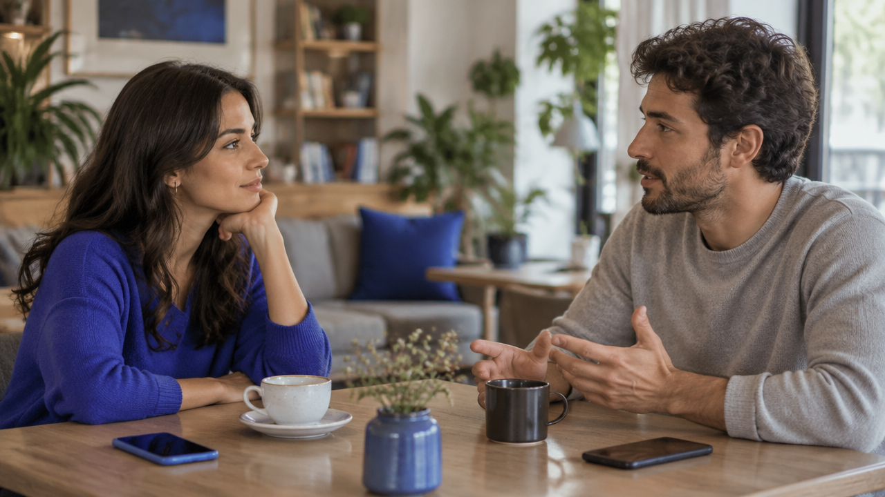 Dos personas conversan con respeto sobre sus límites y el uso del teléfono en una relación digital.