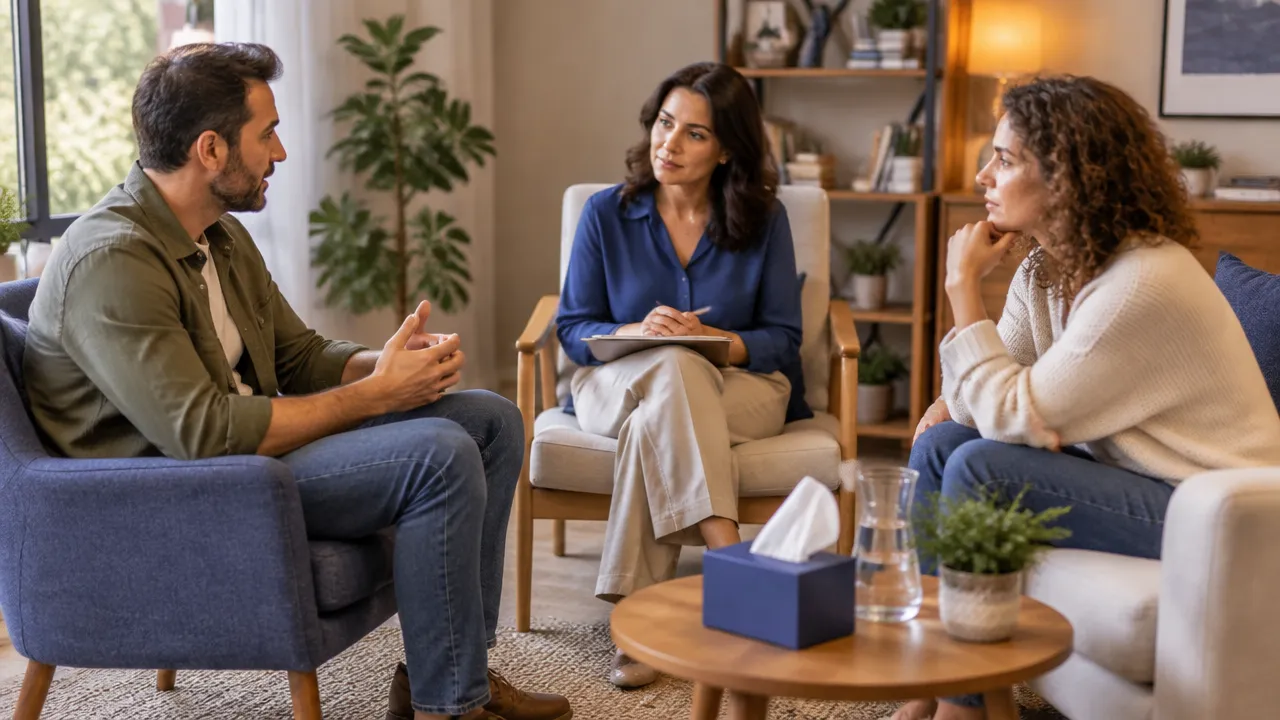 Dos personas conversan con una terapeuta mientras exploran sus patrones de relación