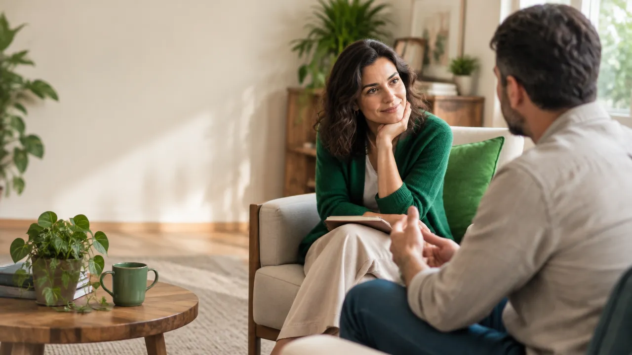 Dos personas conversan en un espacio tranquilo, con escucha atenta y respeto mutuo