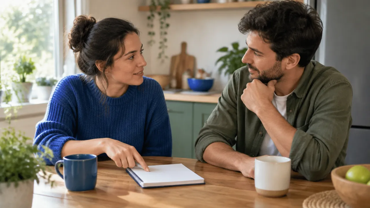 Dos personas conversan y anotan un acuerdo cotidiano para expresar sus necesidades con claridad.