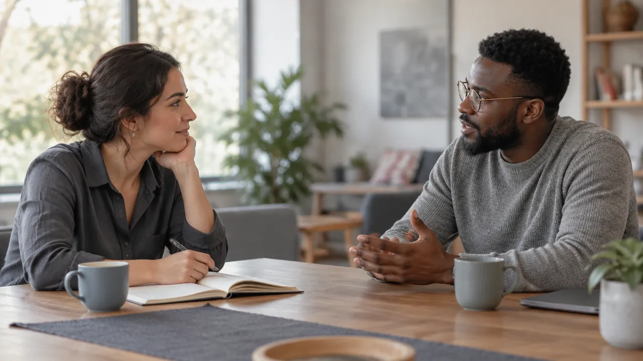 Dos personas de distintos contextos culturales dialogan con respeto alrededor de una mesa