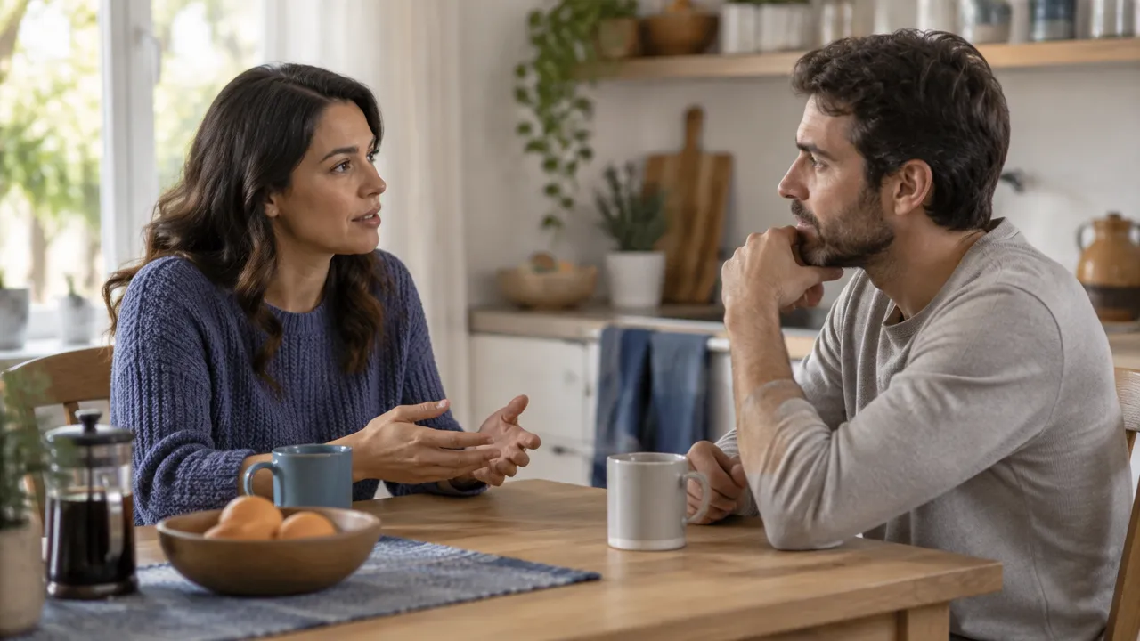 Dos personas en pareja escuchándose durante una conversación calmada para cambiar un patrón de conflicto.