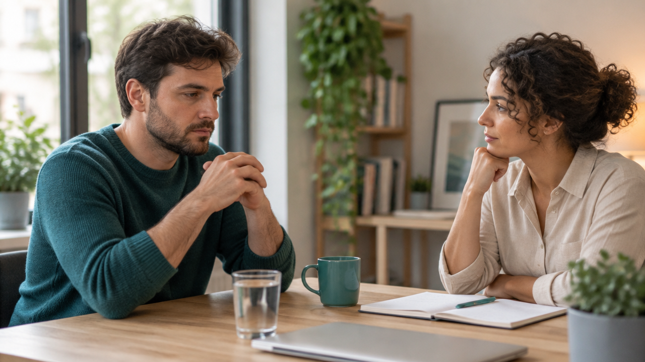 Dos personas hacen una pausa durante una conversación tensa para observar una reacción emocional.