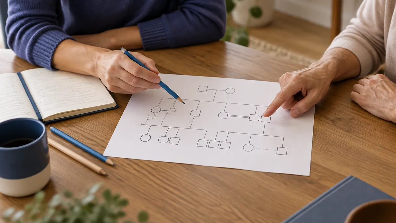 Dos personas observan con cuidado un mapa familiar dibujado a mano para conversar sobre vínculos y patrones entre generaciones.