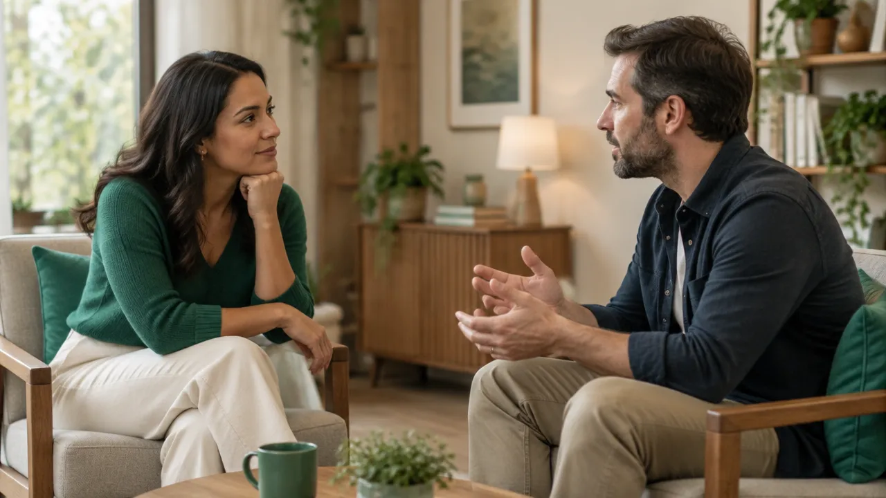Dos personas practican la escucha atenta durante una conversación emocional