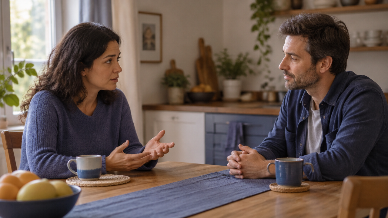 Dos personas practican la escucha y la pausa consciente durante una conversación difícil