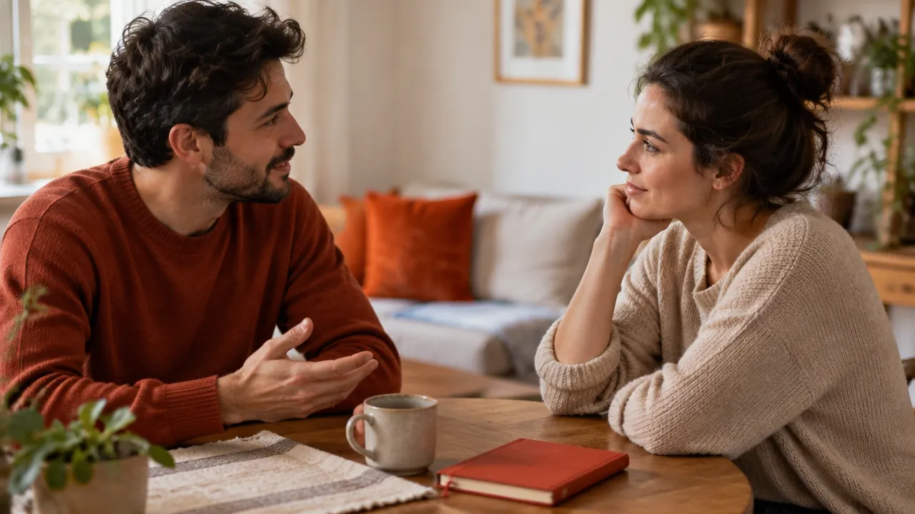 Dos personas practican una conversación emocional pausada y respetuosa