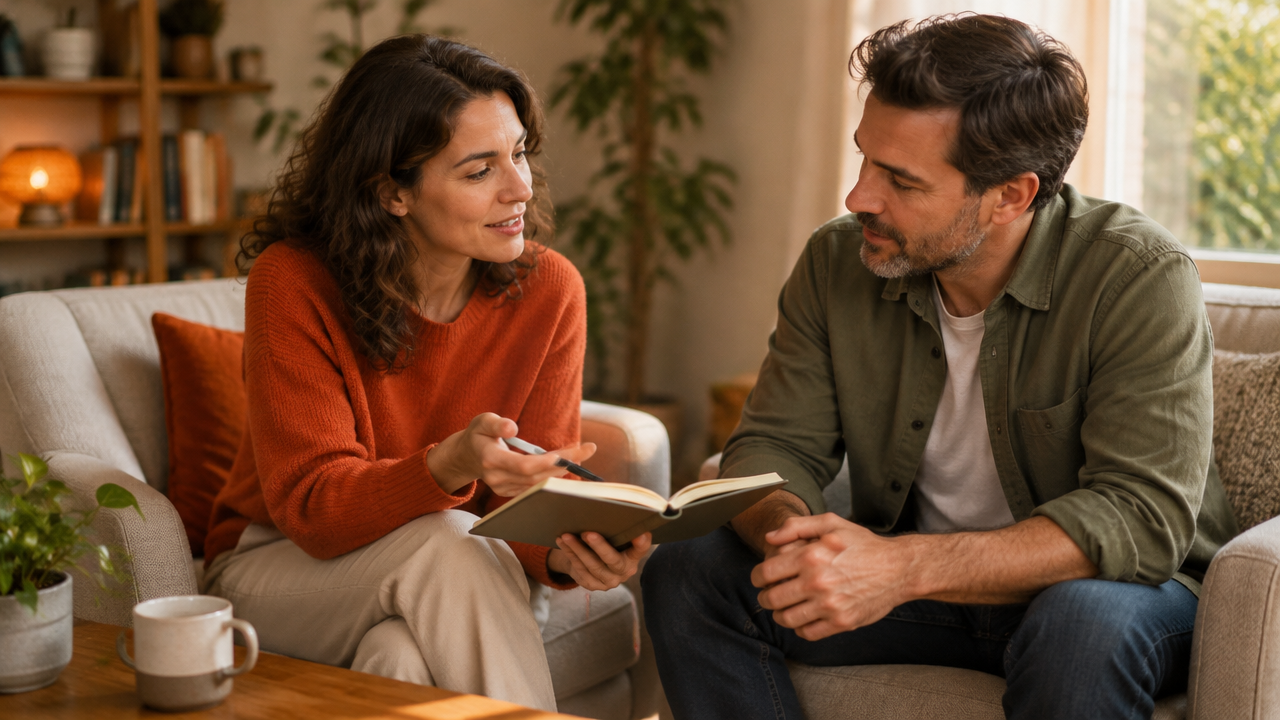 Dos personas realizan una conversación semanal tranquila mientras consultan juntas una libreta.