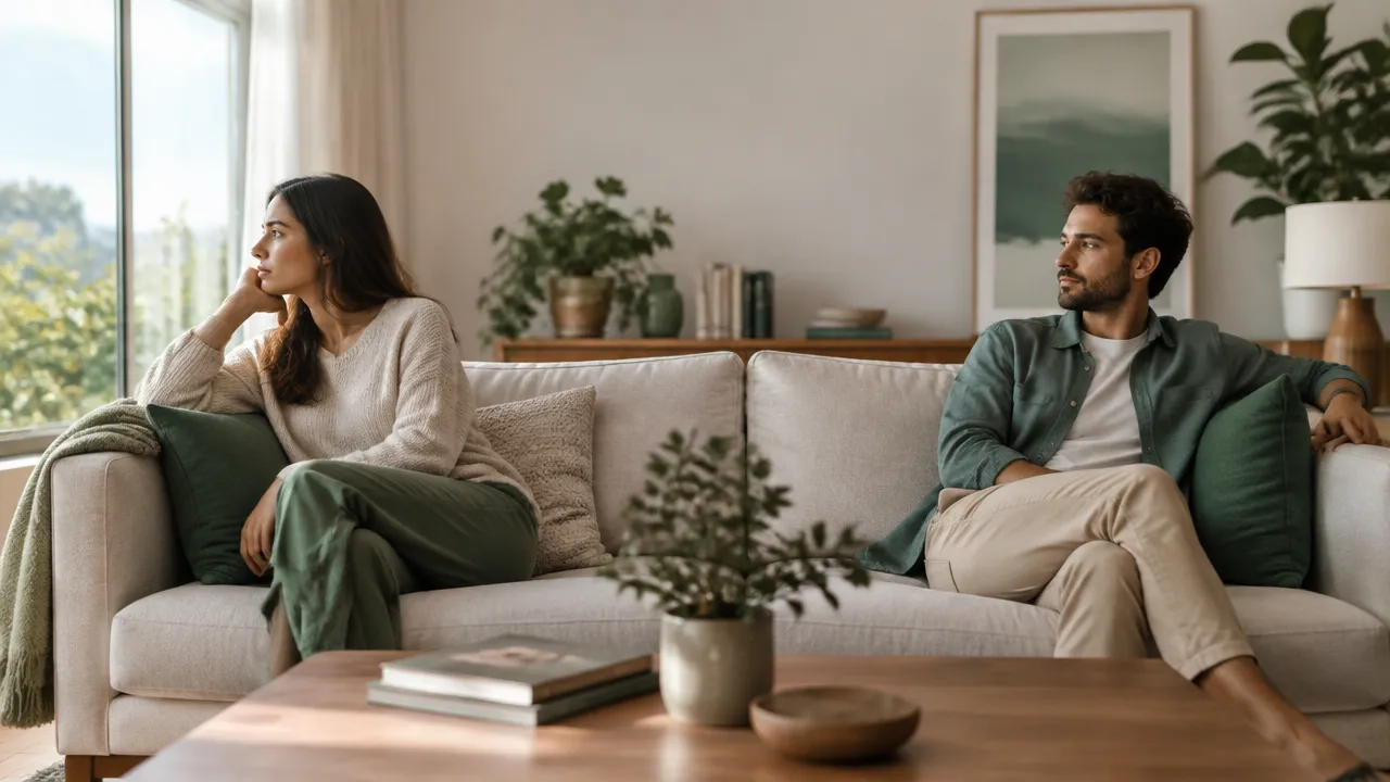 Dos personas sentadas con cierta distancia en un sofá, en una escena tranquila que representa la desconexión emocional en una relación.
