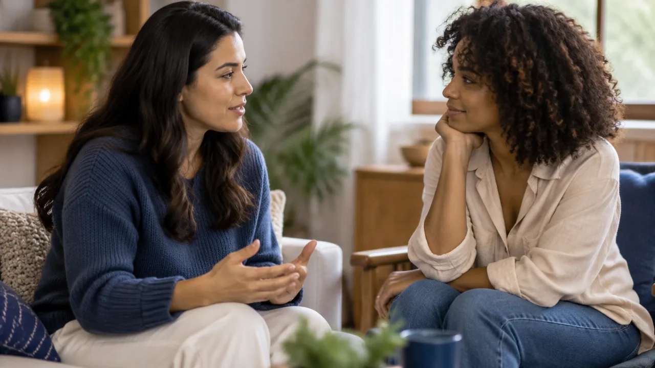 Duas amigas adultas compartilham uma conversa atenta, mostrando como escuta e apoio mútuo podem fortalecer os vínculos.