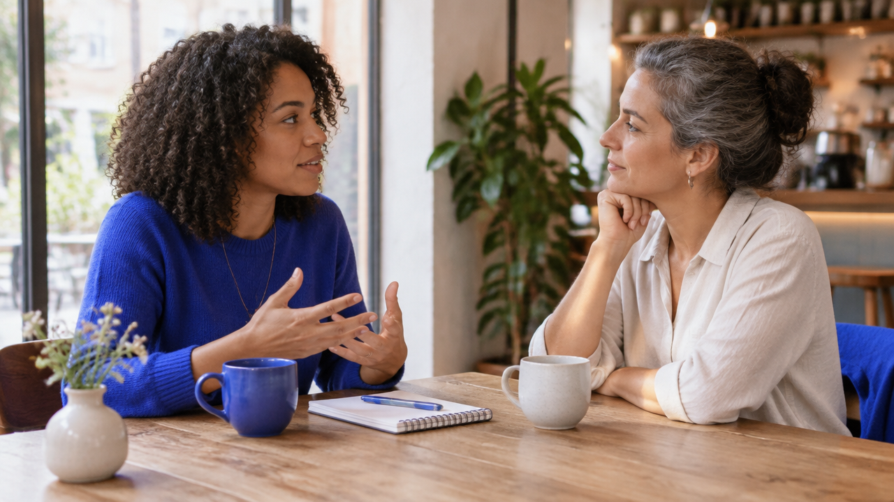 Duas amigas adultas dialogam com atenção e respeito, ilustrando reciprocidade e limites saudáveis.