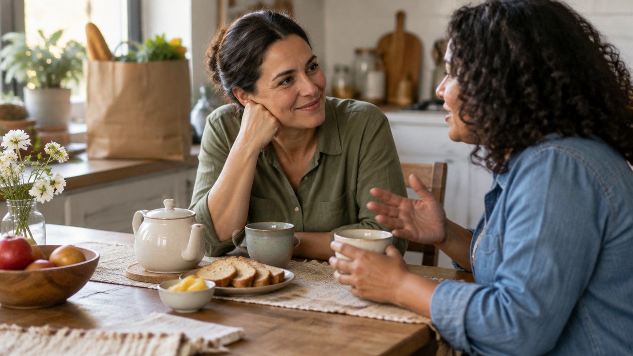 Duas amigas compartilham uma conversa acolhedora à mesa, com alimentos preparados para oferecer.
