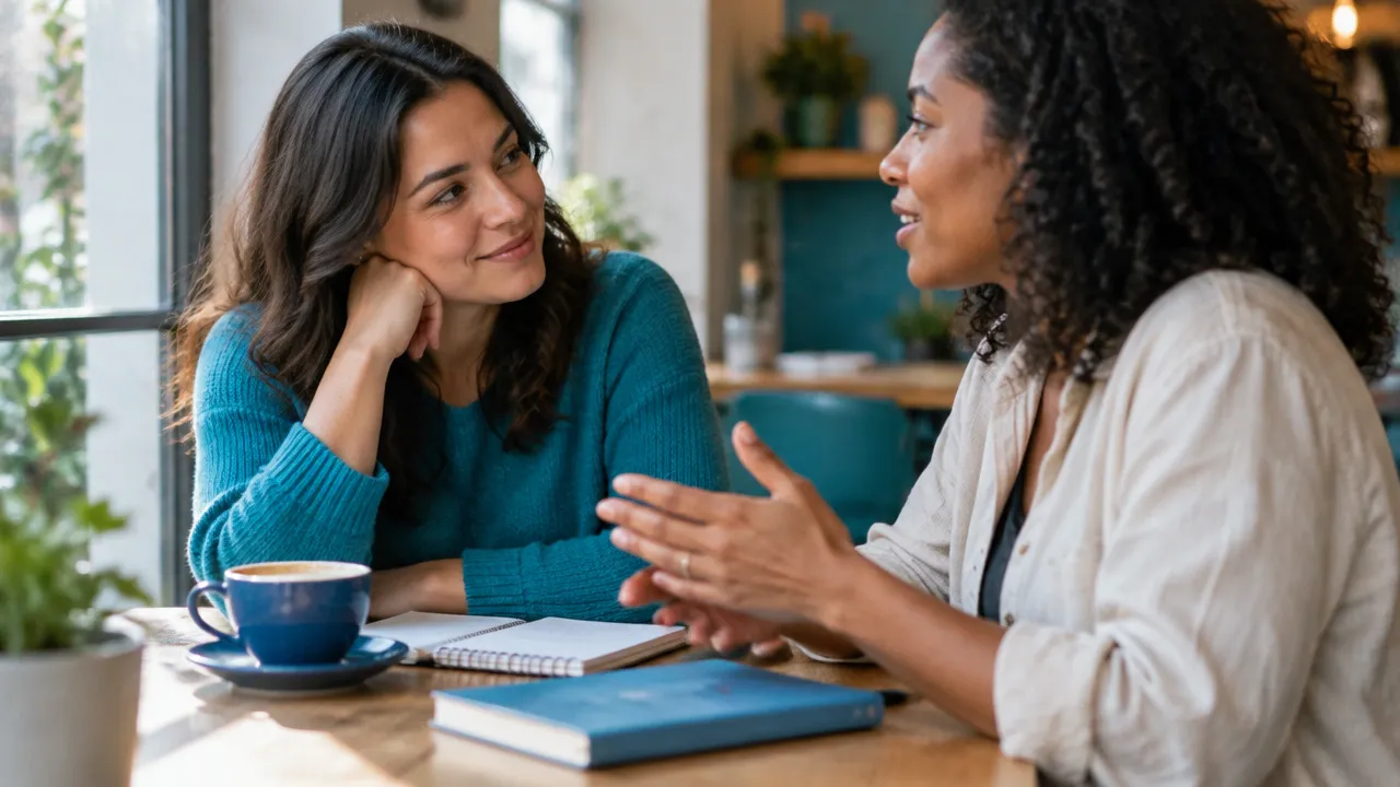 Duas amigas conversam com atenção e empatia em um café, fortalecendo uma relação significativa