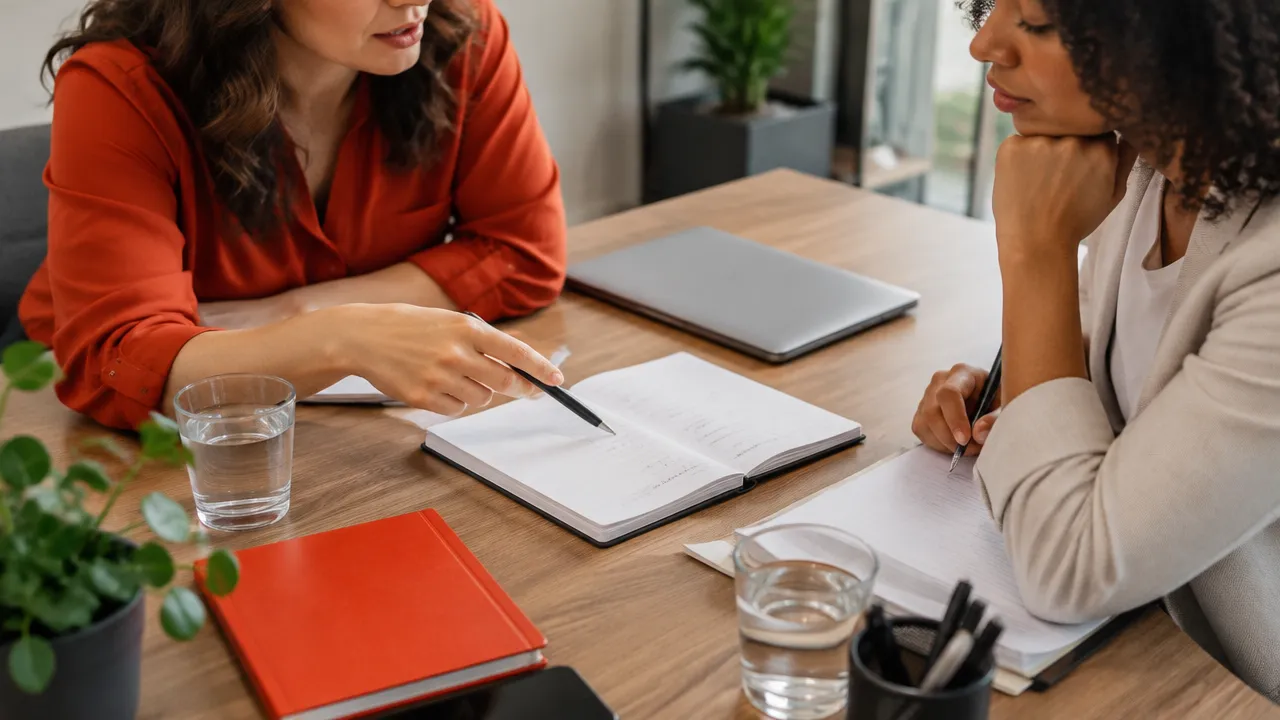 Duas colegas analisam juntas um dilema ético com atenção e escuta respeitosa.