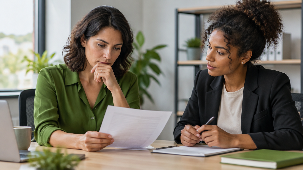 Duas colegas conversam com atenção enquanto ponderam uma decisão no trabalho
