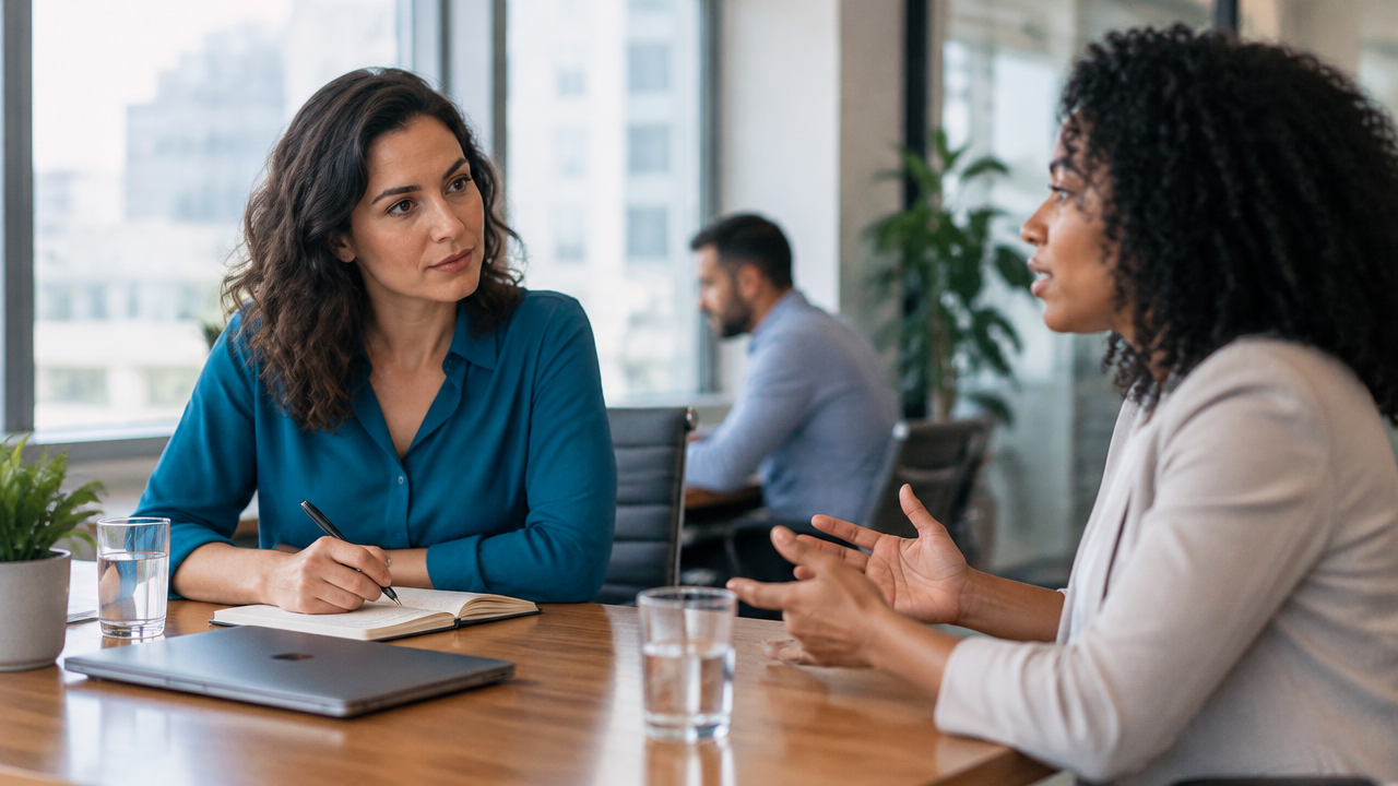 Duas colegas conversam com atenção para separar fatos e interpretações em uma reunião