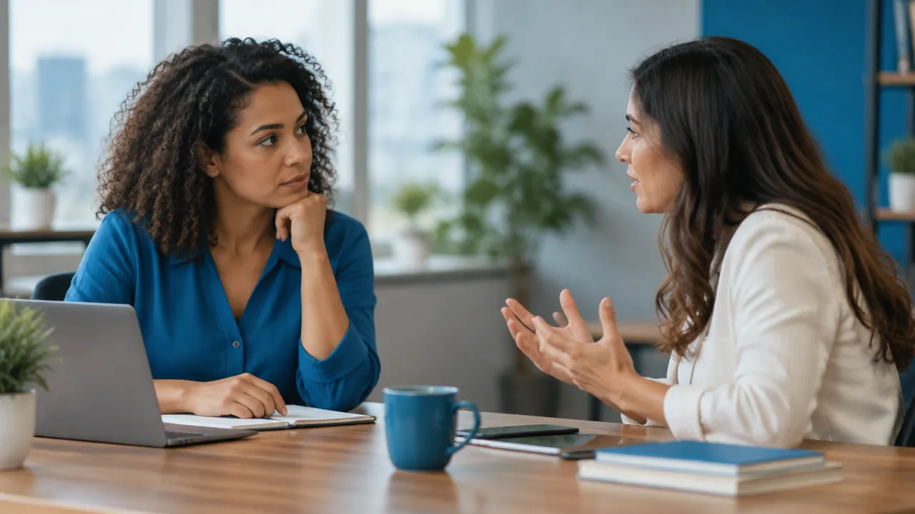 Duas colegas conversam com escuta e calma após uma pausa para regular as emoções