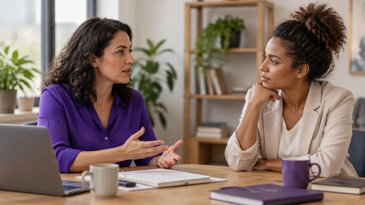 Duas colegas conversam com serenidade em uma reunião de trabalho, uma fala e a outra escuta com atenção
