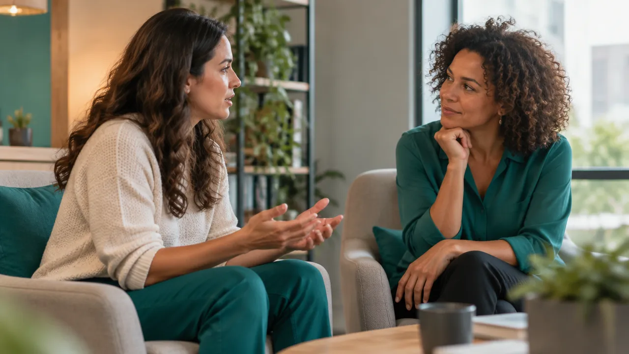 Duas colegas conversam frente a frente, uma escuta com atenção e postura aberta em um ambiente de trabalho tranquilo.