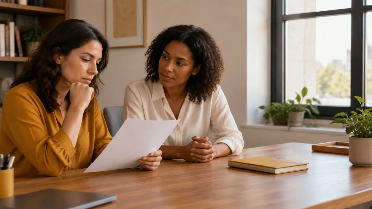 Duas colegas ponderam juntas as consequências de uma decisão ética no trabalho