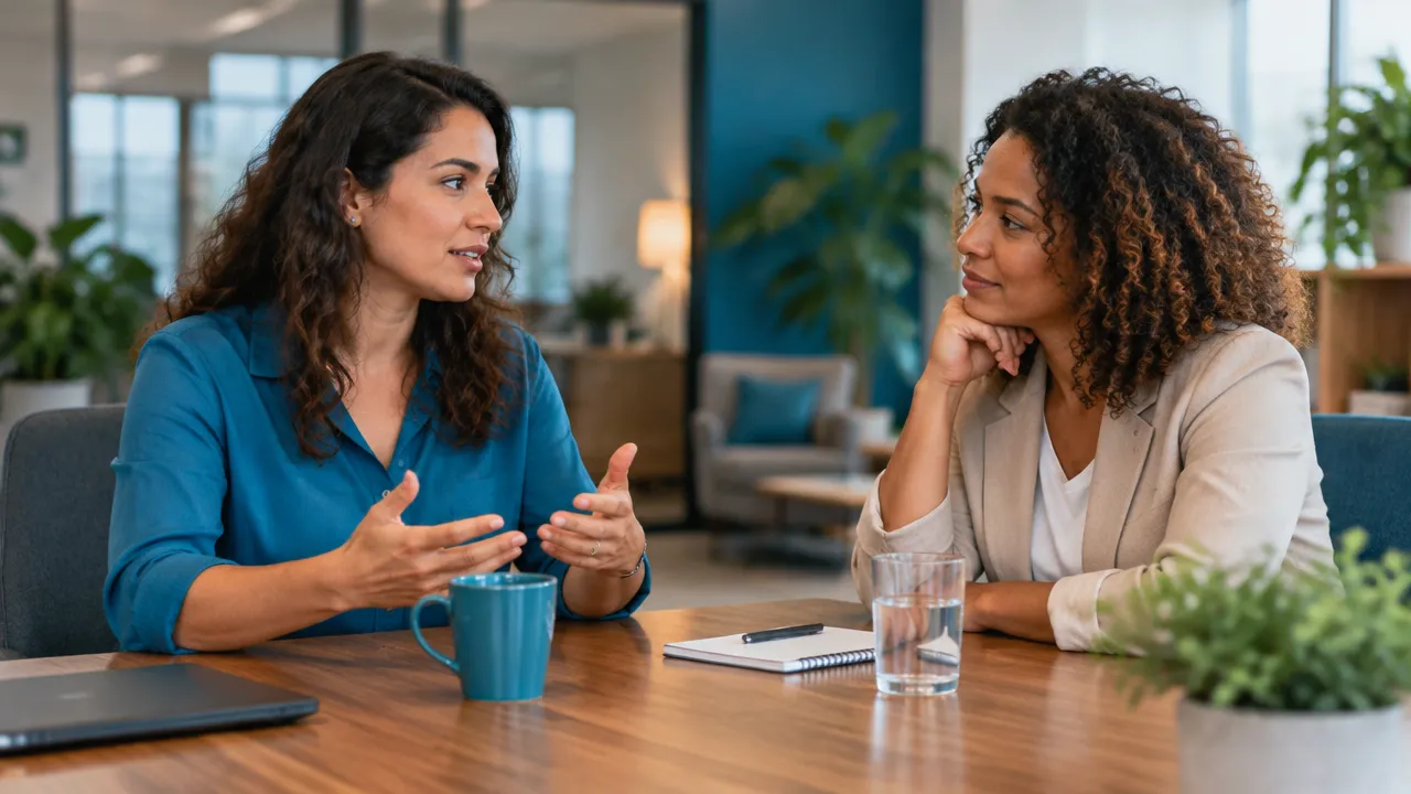 Duas colegas praticam uma conversa clara e respeitosa durante uma reunião