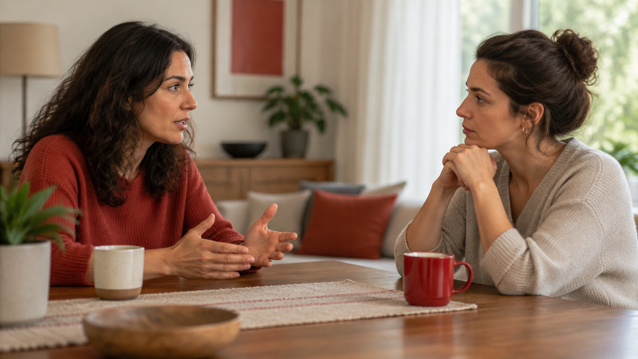 Duas irmãs adultas conversam com calma, mantendo limites e escuta respeitosa