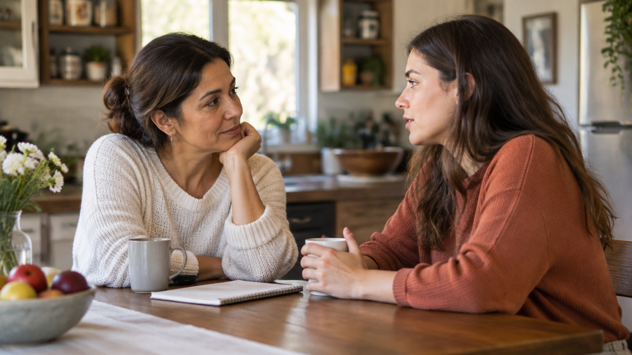 Duas mulheres conversam com calma à mesa, praticando escuta e gentileza nos relacionamentos