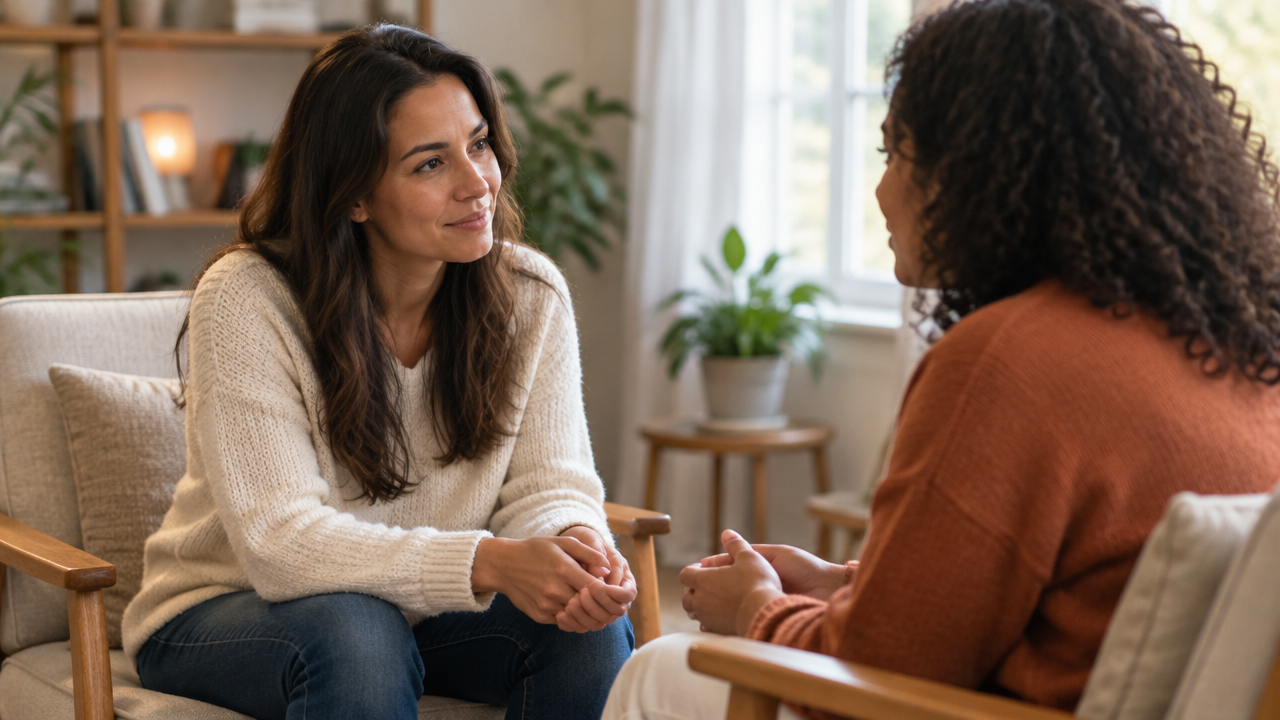 Duas mulheres conversam em particular, com escuta atenta e acolhimento.