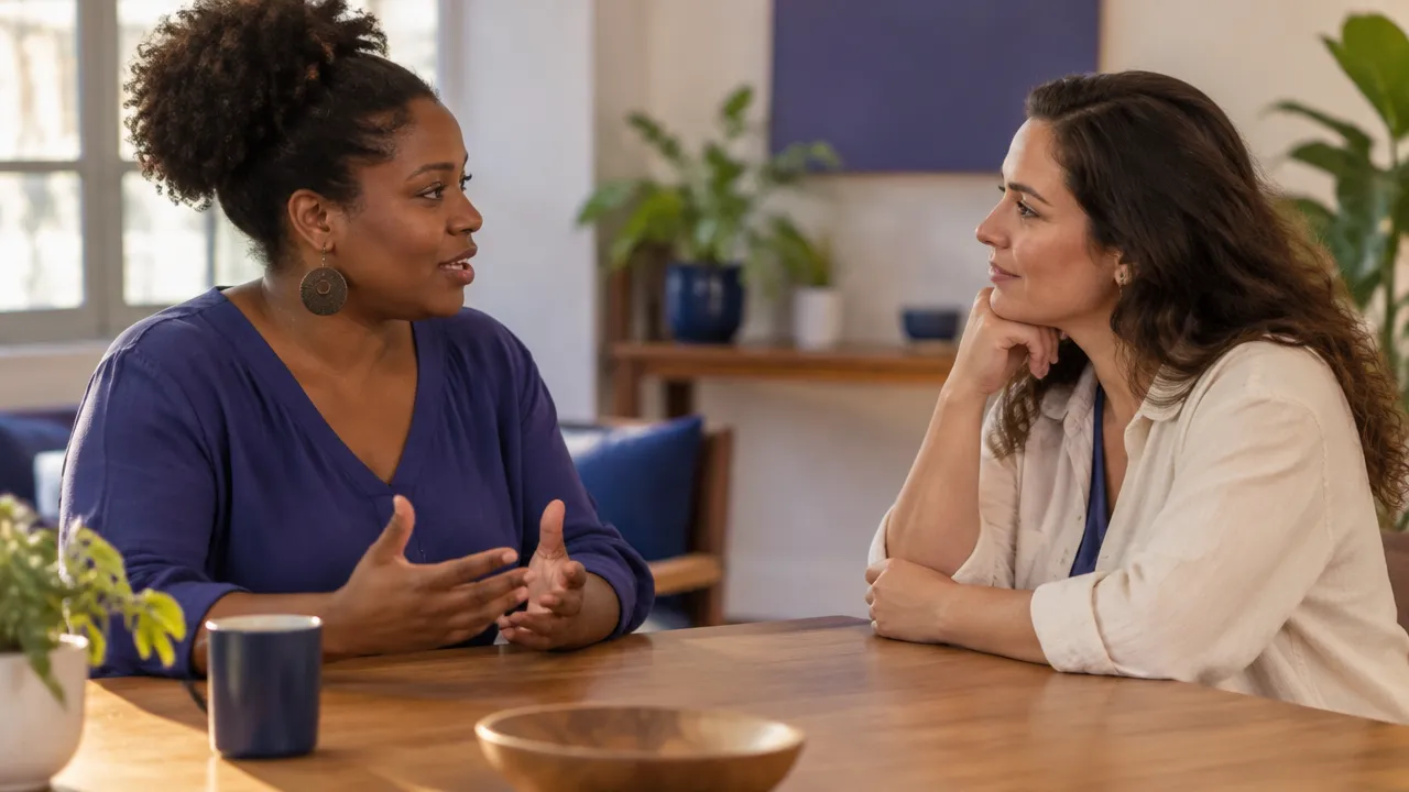 Duas mulheres de diferentes identidades raciais conversam com escuta atenta em um ambiente acolhedor.