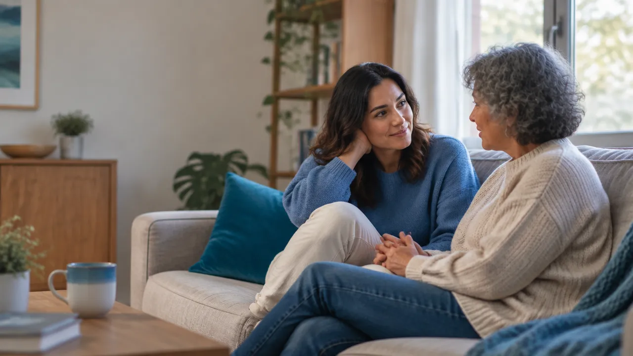 Duas pessoas adultas conversam com atenção e acolhimento em uma sala iluminada, representando vínculos seguros.