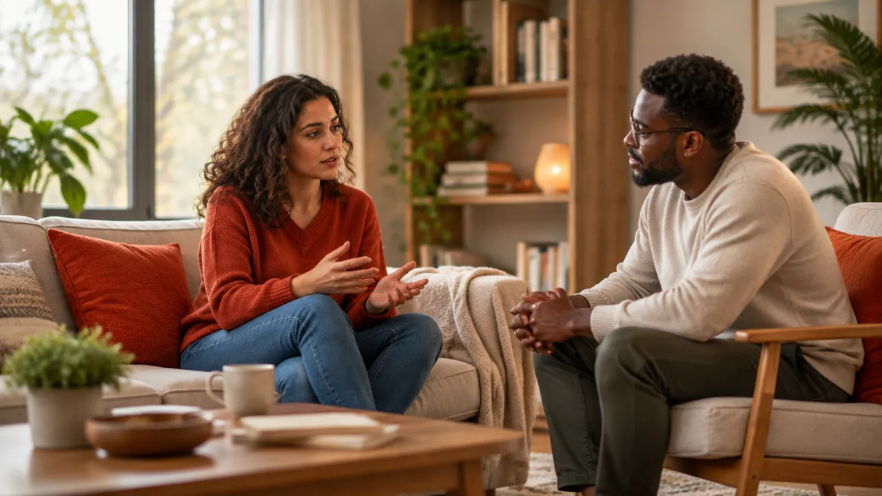 Duas pessoas adultas conversam com atenção e confiança em um ambiente acolhedor, representando vínculos emocionais seguros.