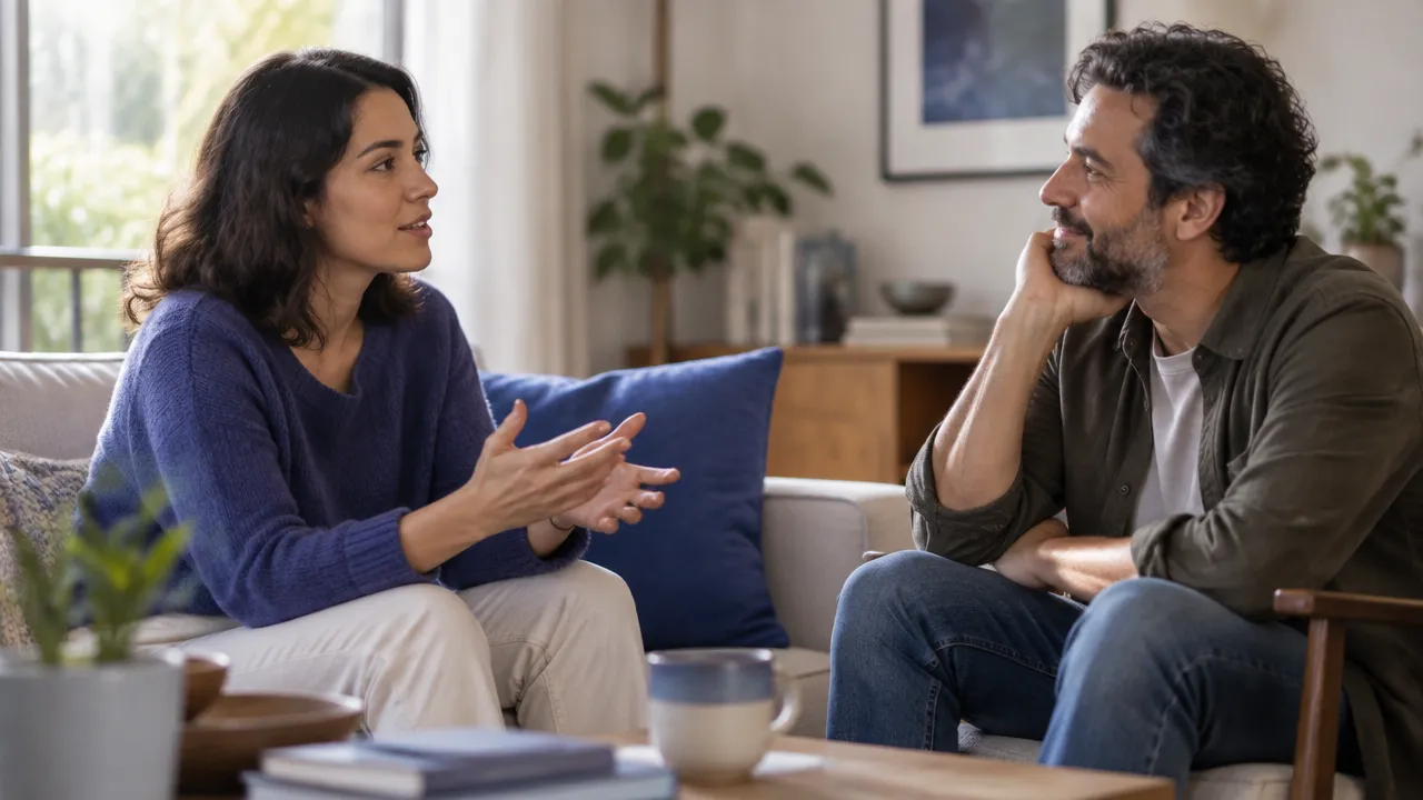 Duas pessoas adultas conversam com atenção e confiança, representando vínculos afetivos seguros.
