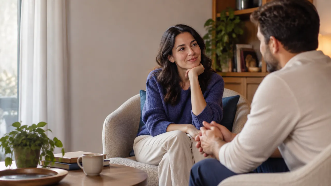 Duas pessoas adultas conversam com atenção e segurança emocional em uma sala acolhedora