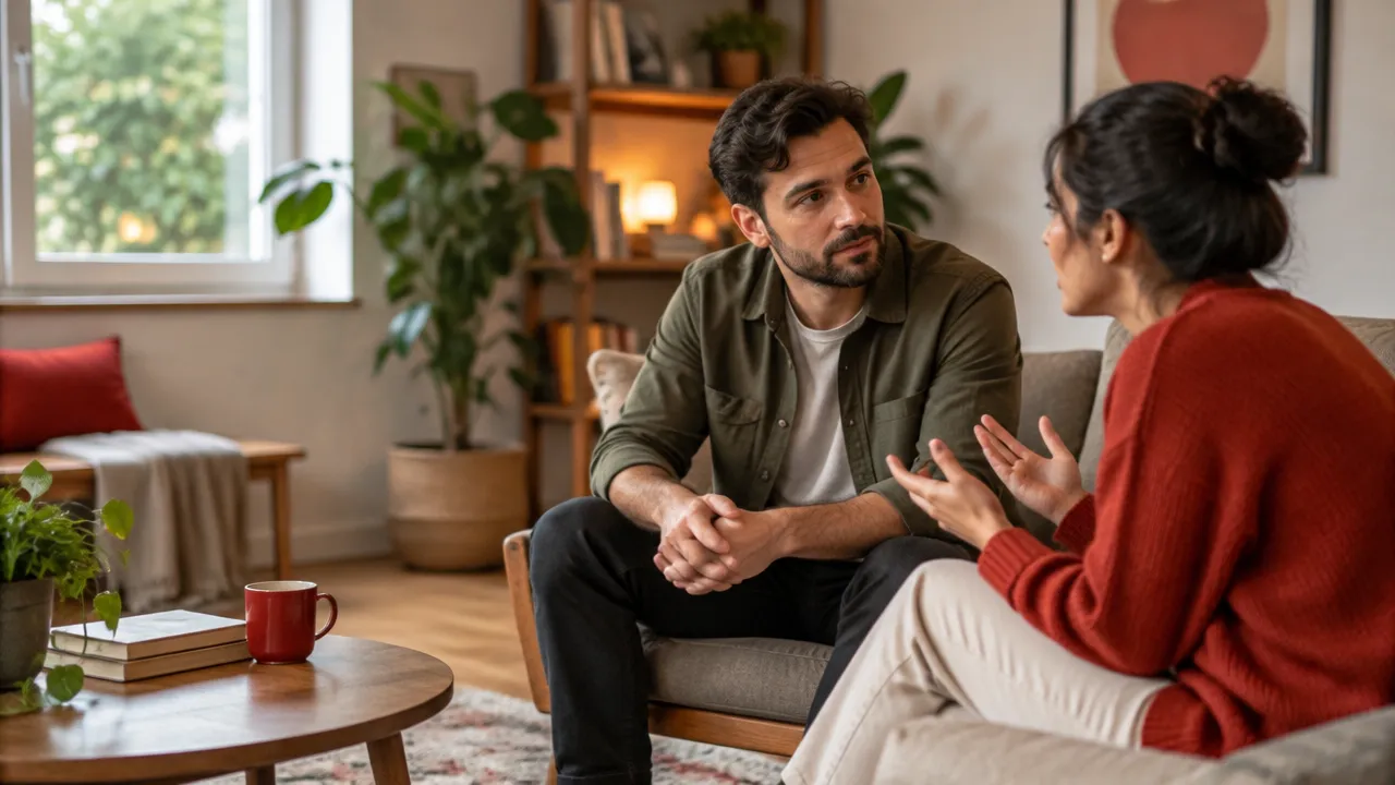 Duas pessoas adultas conversam com atenção em um ambiente acolhedor, representando segurança emocional nos relacionamentos.