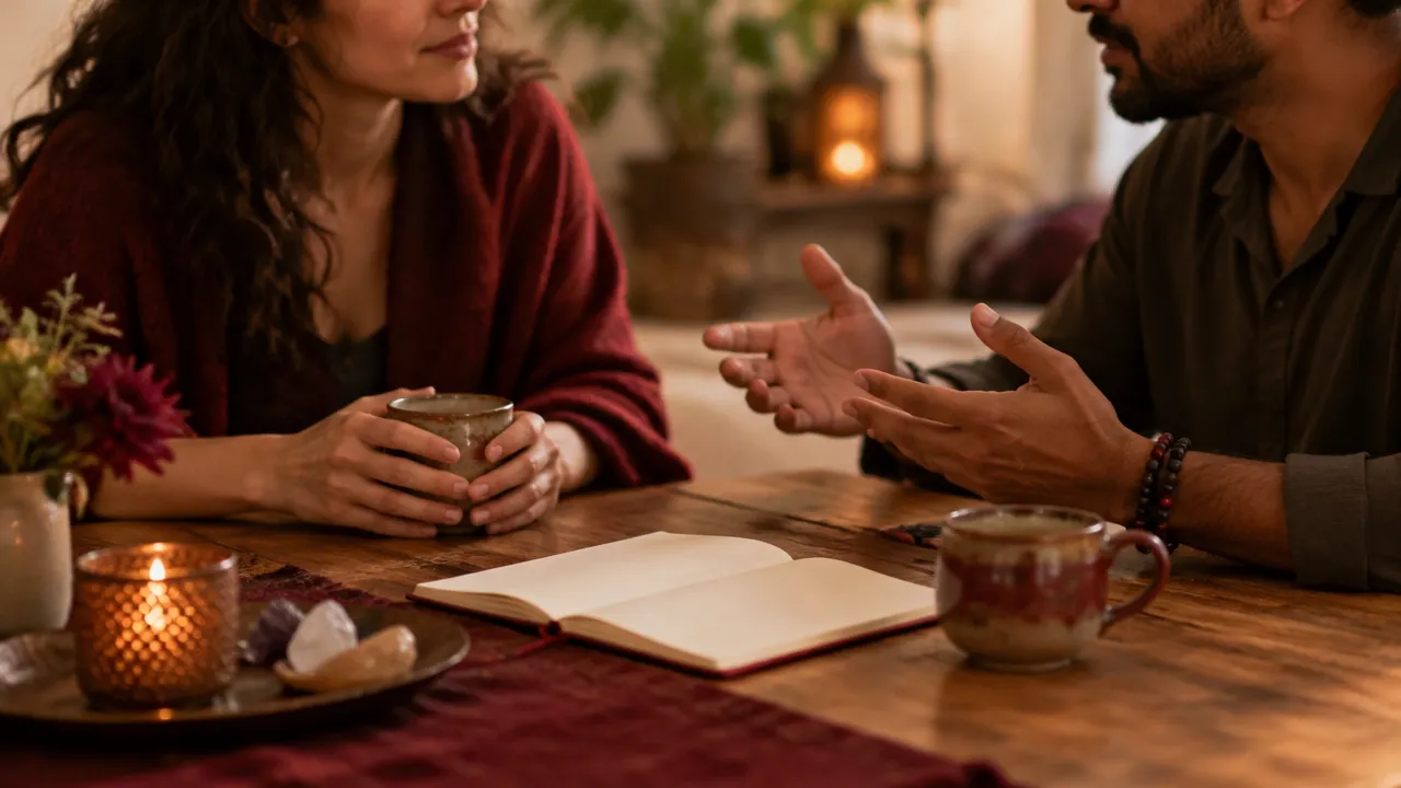 Duas pessoas adultas conversam com calma diante de um caderno e xícaras, simbolizando diálogo e consentimento.