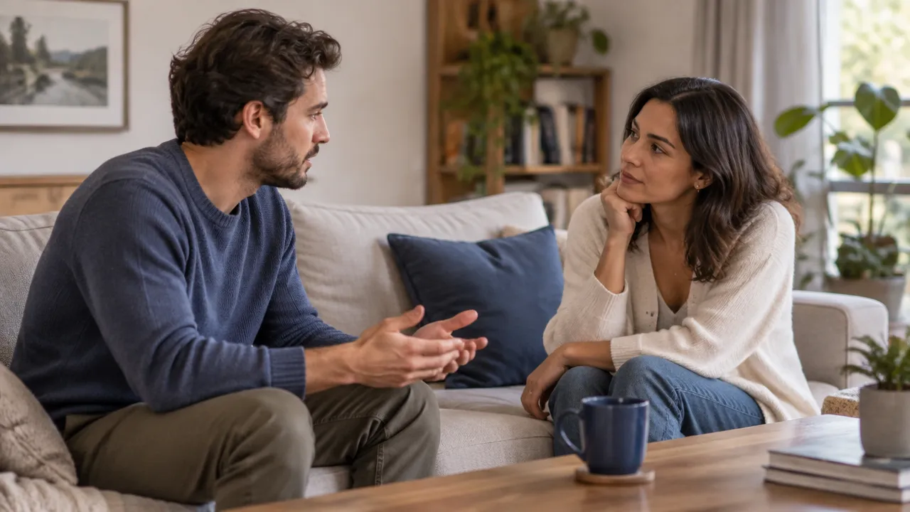 Duas pessoas adultas conversam com calma e escuta atenta sobre uma preocupação na relação