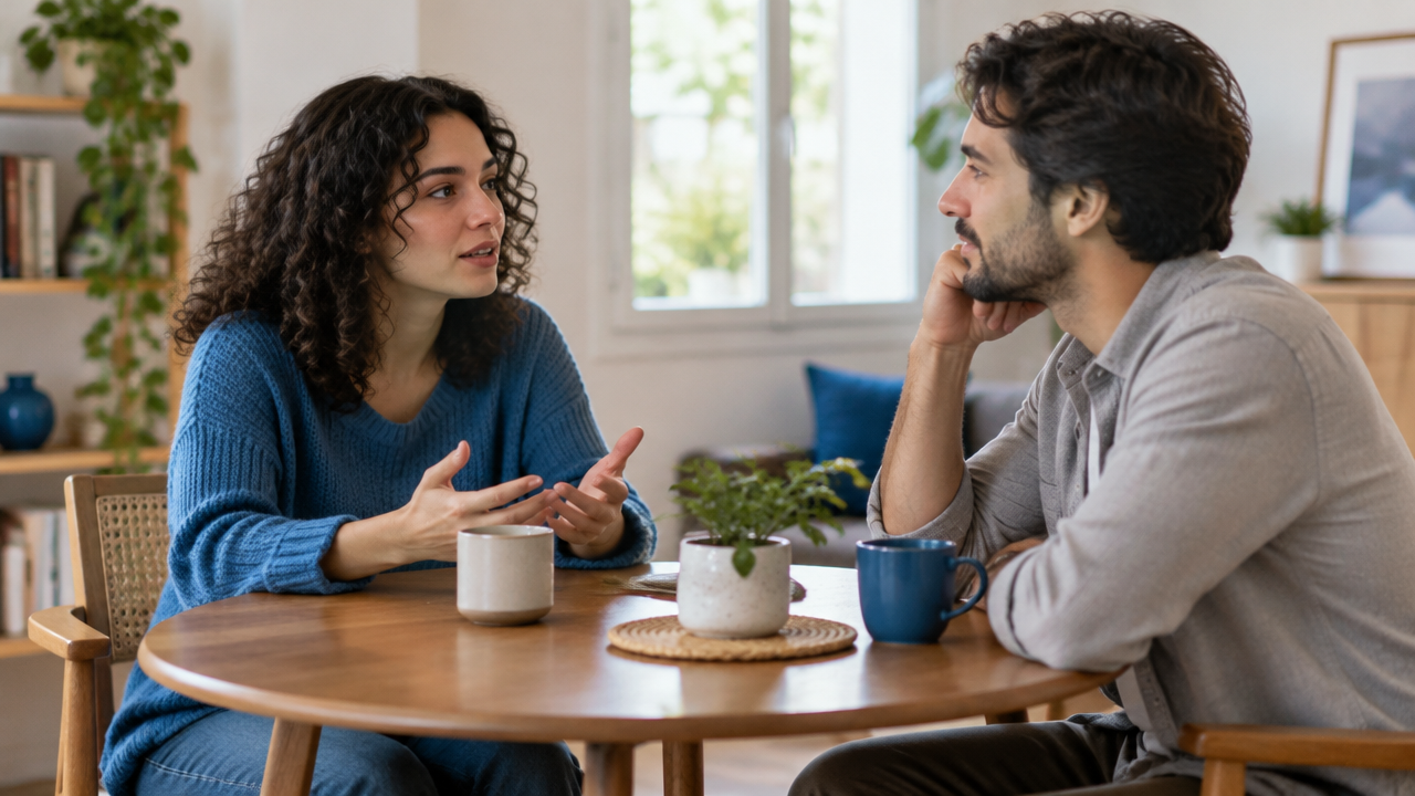 Duas pessoas adultas conversam com escuta ativa e calma, ilustrando a construção de segurança emocional.
