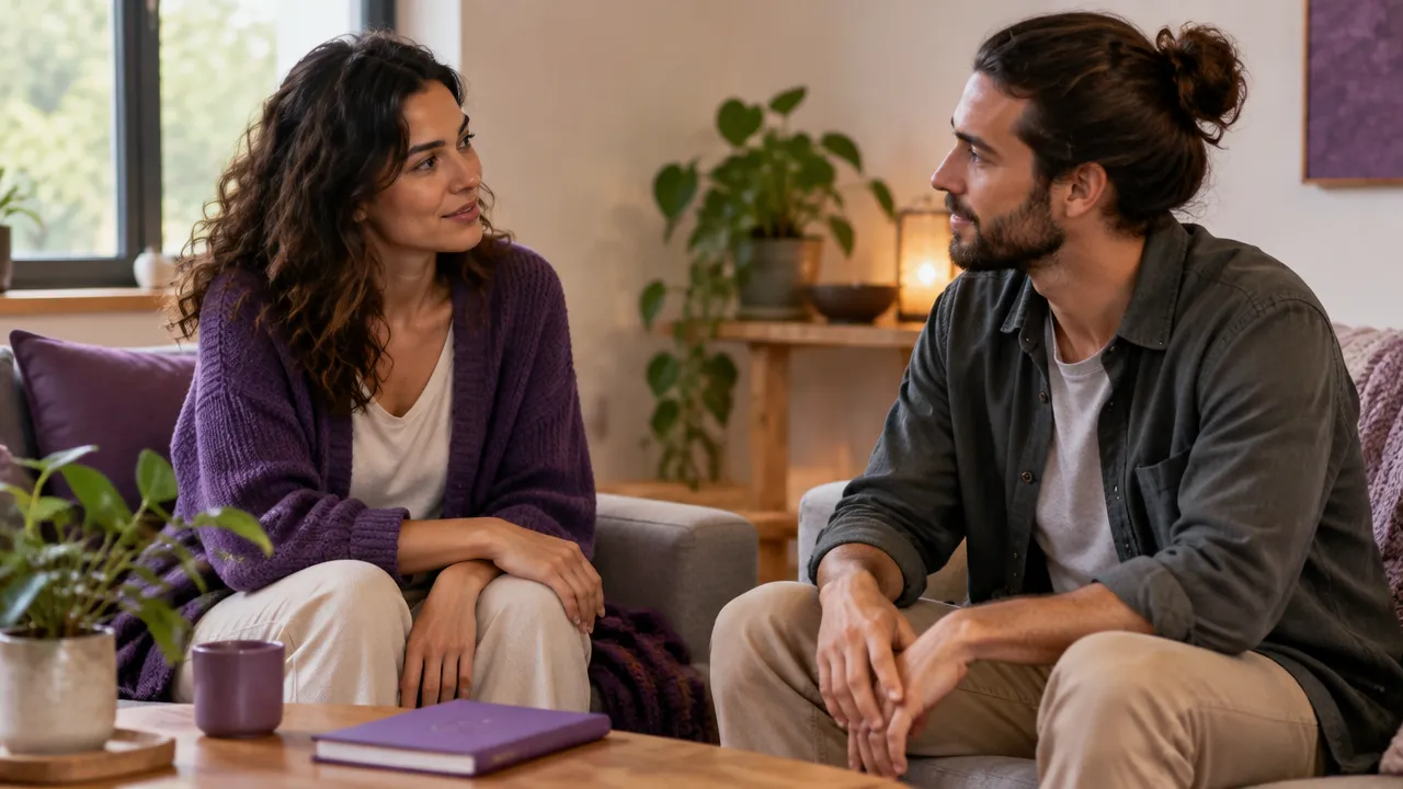 Duas pessoas adultas conversam com respeito sobre limites e consentimento em ambiente acolhedor