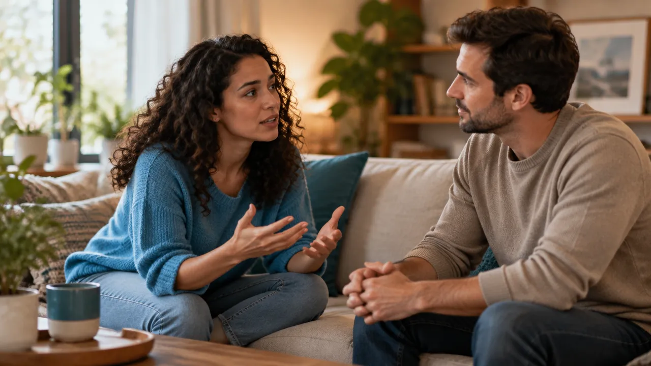 Duas pessoas adultas conversam com vulnerabilidade e atenção, ilustrando como padrões de vínculo influenciam relações.