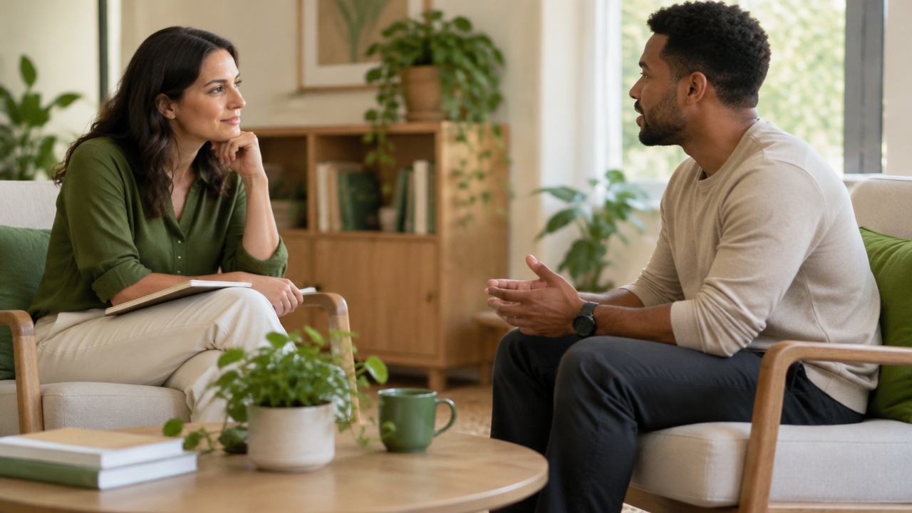 Duas pessoas adultas conversando com escuta atenta em um ambiente acolhedor